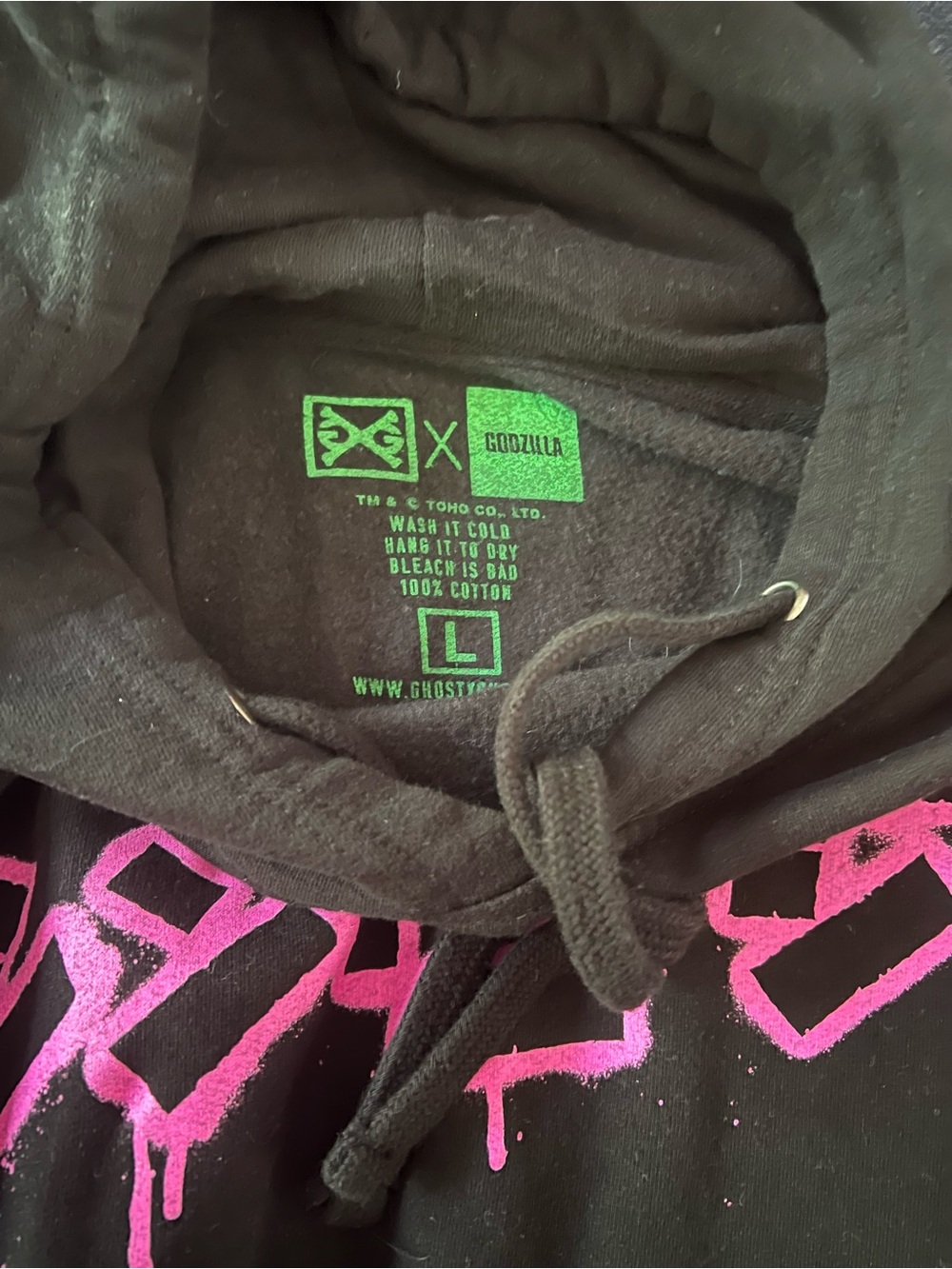 Godzilla Black Hoodie Sweatshirt with Pink and Green Graphic - Picture 3 of 3